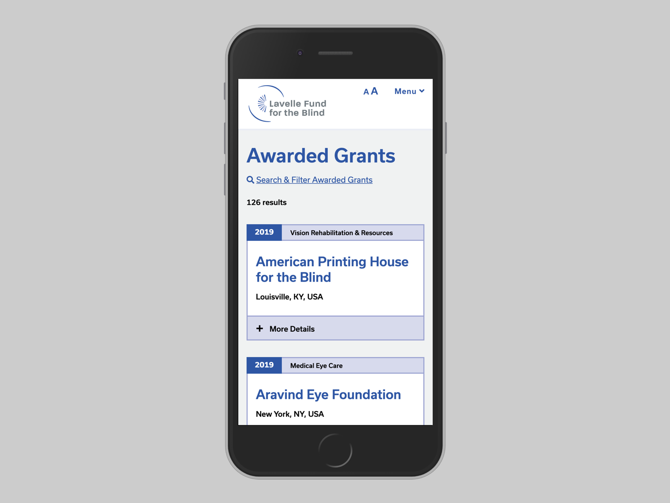 Awarded grants screen on mobile size with several options hidden in a More Details accordion UI.